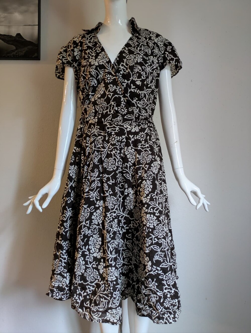 Dressbarn Size 16 Brown Cream Floral Fit & Flare Wrap Style Midi Dress